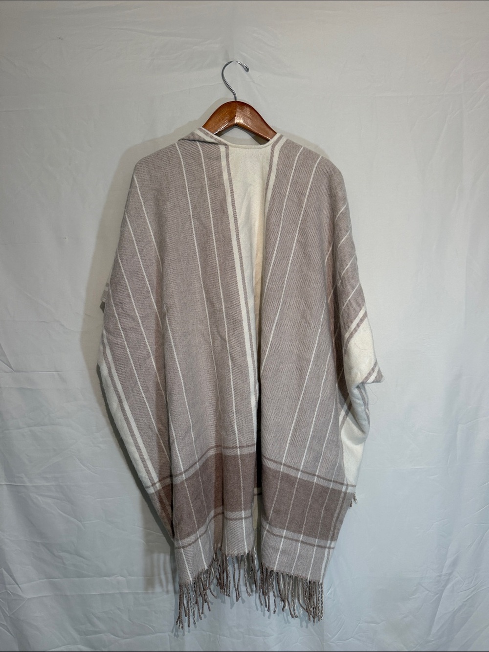 LOFT Cream and Taupe Striped Fringe Poncho Cape - Picture 2 of 2